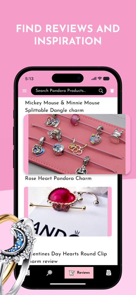 The Art Of Pandora - The Art of Pandora app screen displaying jewelry product reviews and inspiration