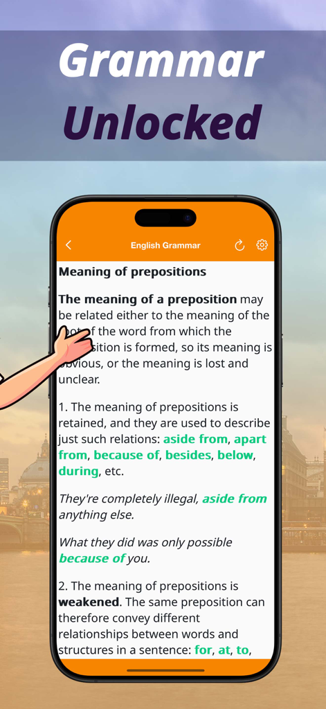 Speak English: Prepositions - Mobile app interface showing an English grammar lesson about the meaning and usage of prepositions with clear examples