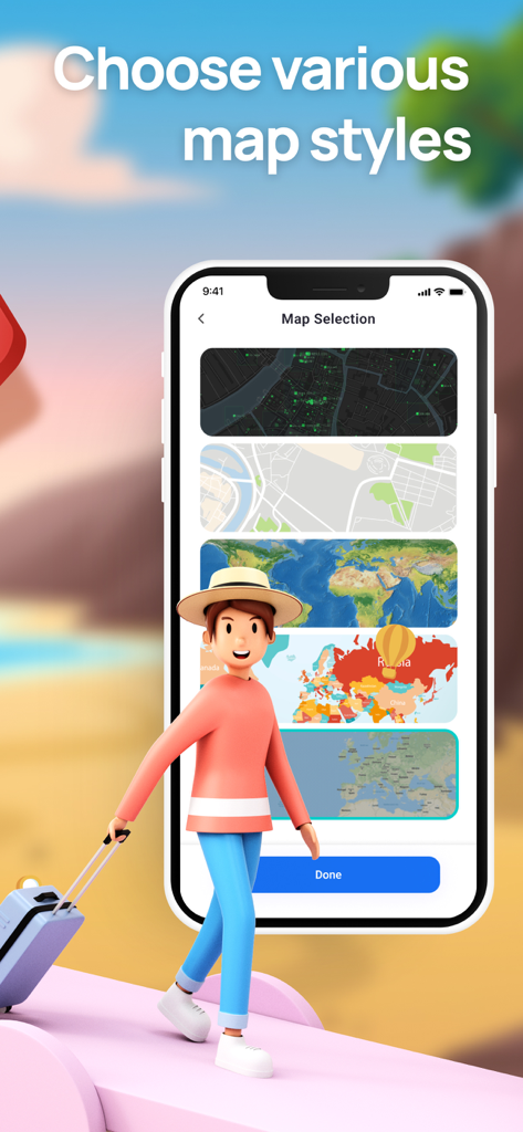 Travel Route: 3D Map & Plan - Interface d'application mobile TravelBoast montrant diverses options de style de carte 3D pour les animations d'itinéraires de voyage