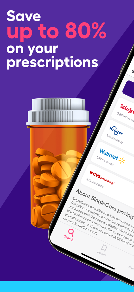 SingleCare Rx Pharmacy Coupons - Interfaz de la aplicación móvil SingleCare que muestra ahorros de hasta el 80 por ciento en recetas y una lista de farmacias locales como CVS y Walmart.