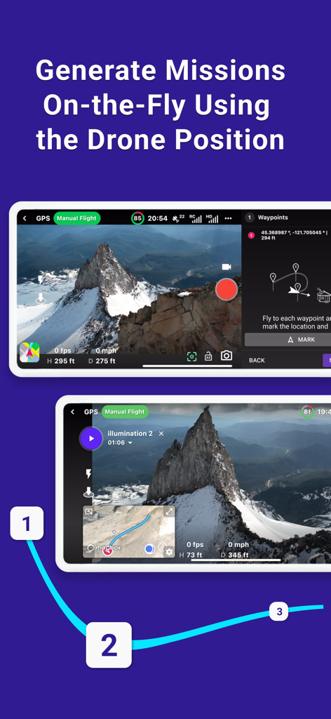 Dronelink Flight - Interfaz de la aplicación Dronelink Flight que muestra la generación automatizada de misiones de drones utilizando la posición actual y waypoints sobre un paisaje montañoso