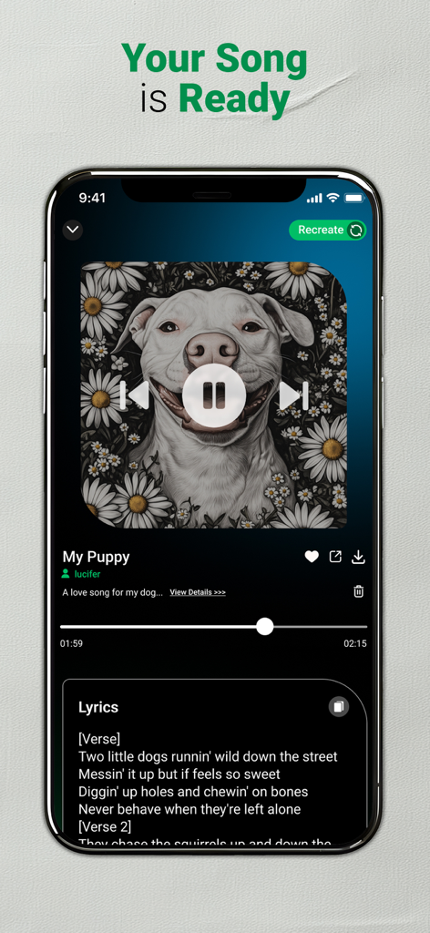 AI Music Song Generator: Sonu - A smartphone screen from the Sonu app showing an AI generated song titled My Puppy with its lyrics and album art