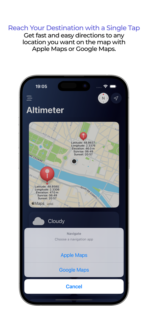 Cuspart Altimeter app map view with technical data pins and a navigation app selection menu for Apple and Google Maps