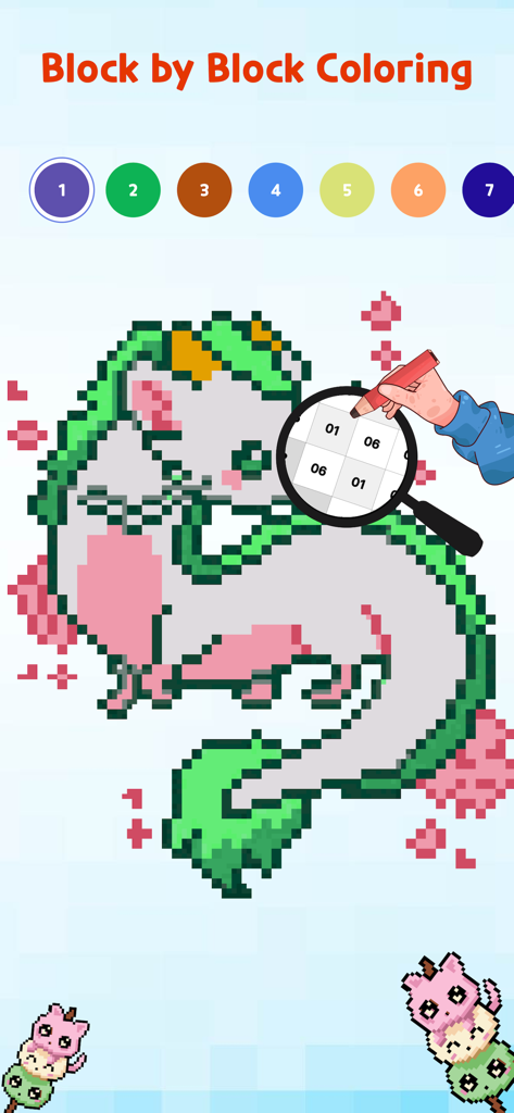 Pixel Art: Paint by Number - Colorazione di un drago pixel art blocco per blocco con uno strumento lente d'ingrandimento