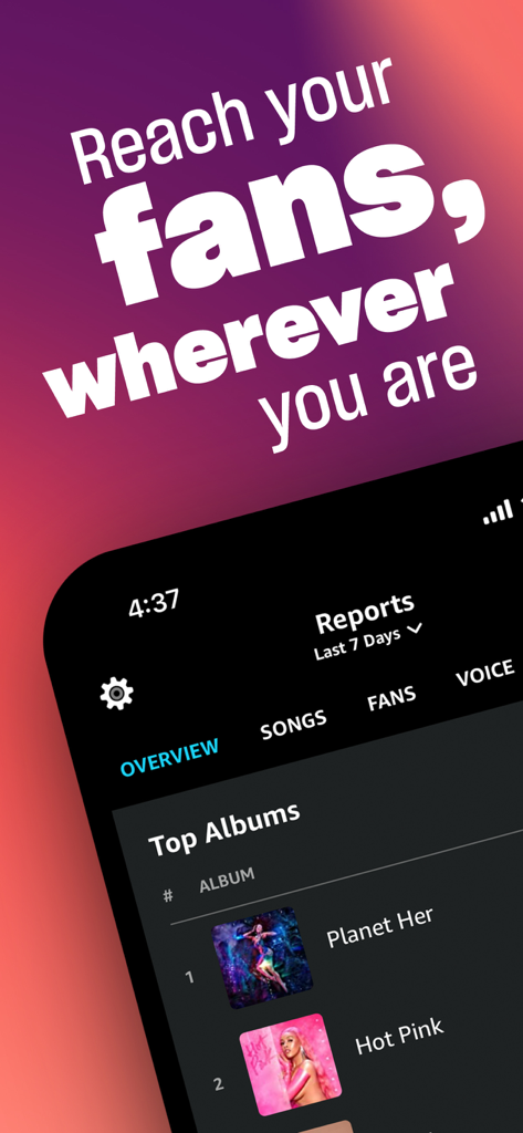Interface do aplicativo Amazon Music for Artists mostrando análises de público e álbuns mais populares