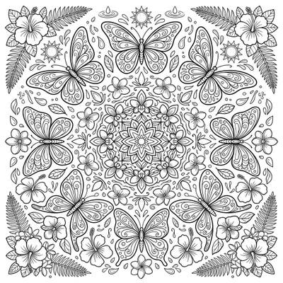 Unleash your creativity with this enchanting summer butterfly mandala coloring page, blending intricate insect designs with vibrant tropical elements. It's the perfect artistic escape for relaxation and mindful coloring.