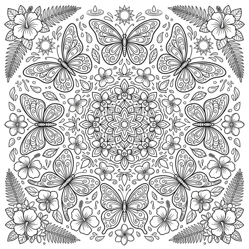 Unleash your creativity with this enchanting summer butterfly mandala coloring page, blending intricate insect designs with vibrant tropical elements. It's the perfect artistic escape for relaxation and mindful coloring.