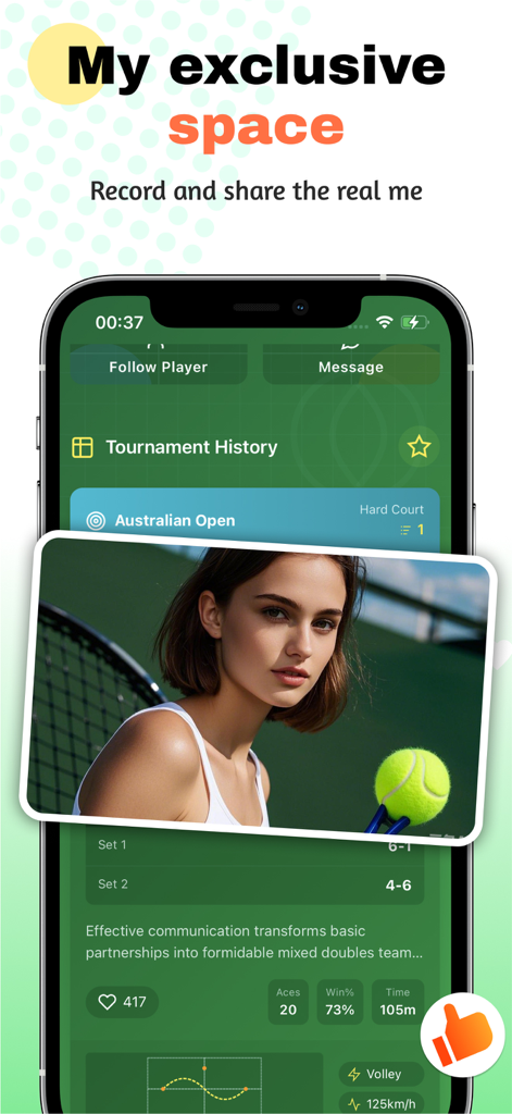 Karo - Shine & Video Chat - A tennis player profile in the Karo app showing tournament history and match statistics
