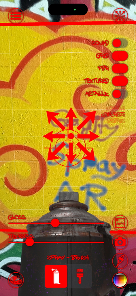 Graffiti Spray AR - Interface of the Graffiti Spray AR app featuring a spray can and various painting settings like thickness and gloss