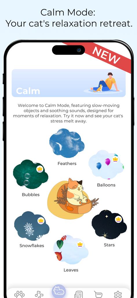 Écran Mode Calme dans l'application Meow pour chats présentant des thèmes de relaxation comme des plumes et des bulles pour soulager le stress félin.