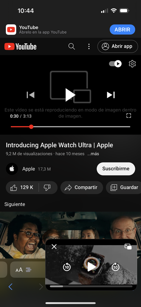 OverPicture extension showing YouTube video in Picture in Picture mode on Safari mobile