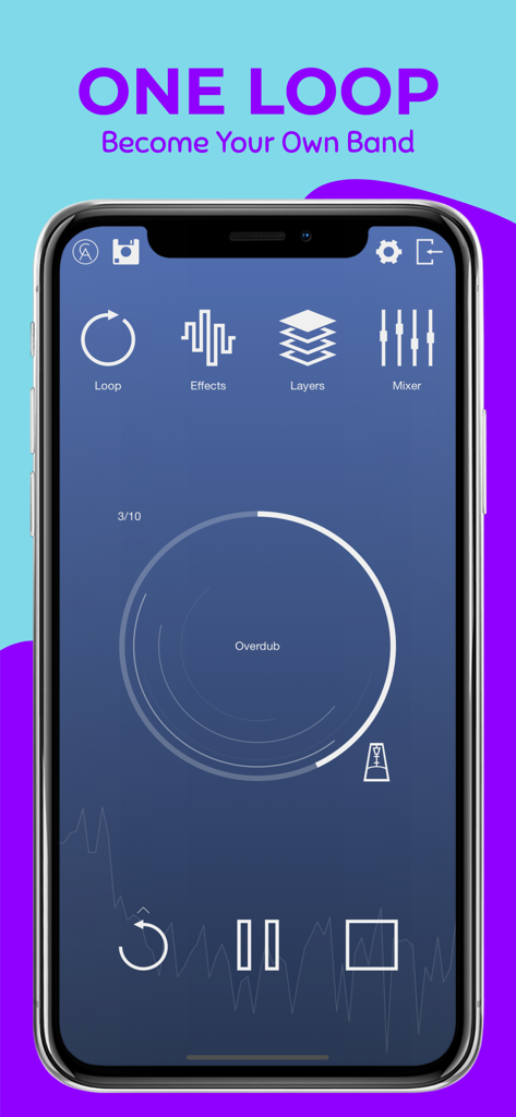One Loop mobile app screenshot showing the main recording interface with overdubbing status and navigation for effects layers and mixer