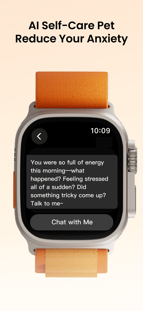 PulseBuddy AI: Stress Monitor - An Apple Watch displaying a supportive message from PulseBuddy AI asking the user about their stress levels and offering a chat option.