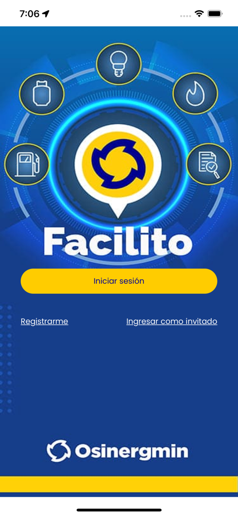 Tela de boas-vindas do aplicativo Facilito com opções de login, registro e acesso de convidado