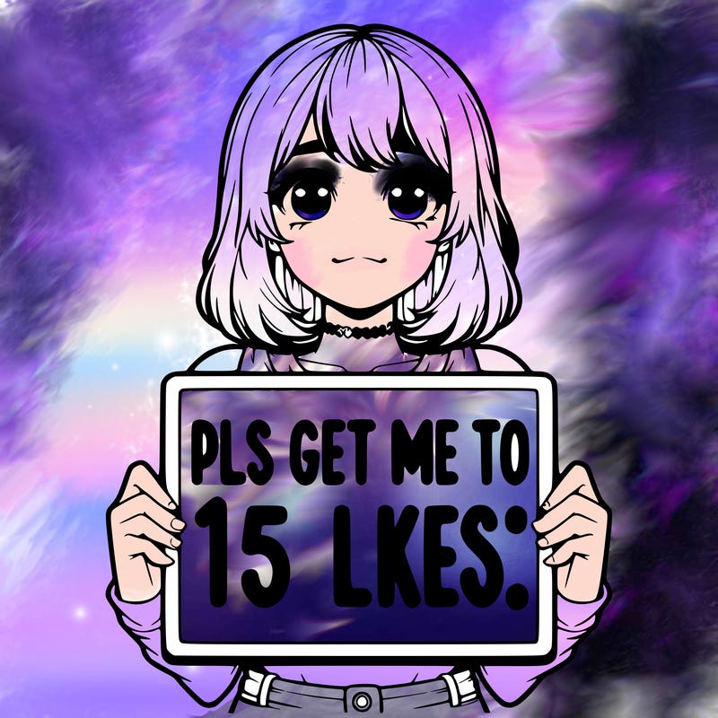 realistic girl holding up a sign that says “pls get me to 15 likes!”