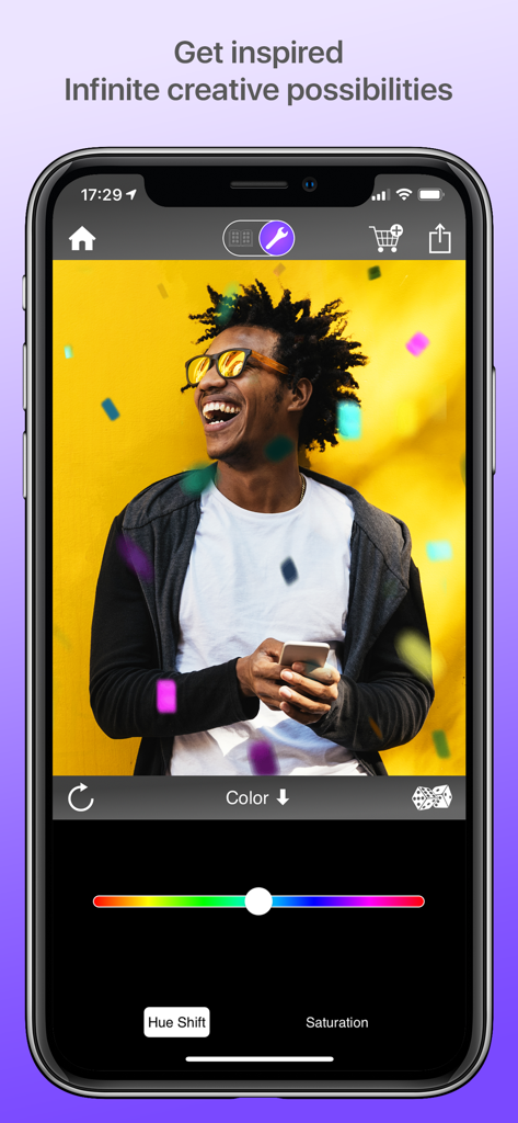 Una interfaz móvil para Werble mostrando a un usuario editando un retrato con coloridos efectos de movimiento y controles deslizantes de ajuste de color.