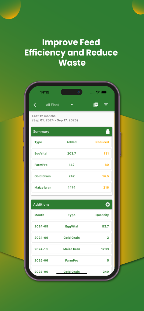My Poultry Manager - Farm app - Pantalla de la aplicación My Poultry Manager que muestra un resumen del inventario de alimentos y adiciones para rastrear y mejorar la eficiencia del alimento.