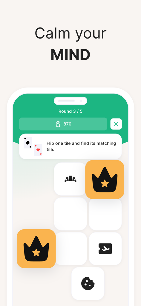 Memory matching game screen in the Propel ADHD app with a Calm your MIND heading.