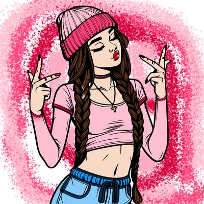 realistic teenage girl with braids and a beanie and crop top doing 🫶🏼