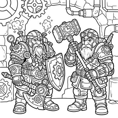 Unleash your creativity with this epic coloring page featuring two powerful Steampunk Dwarf Warriors. Their intricate armor, steam-powered gadgets, and formidable weapons promise a captivating coloring adventure.