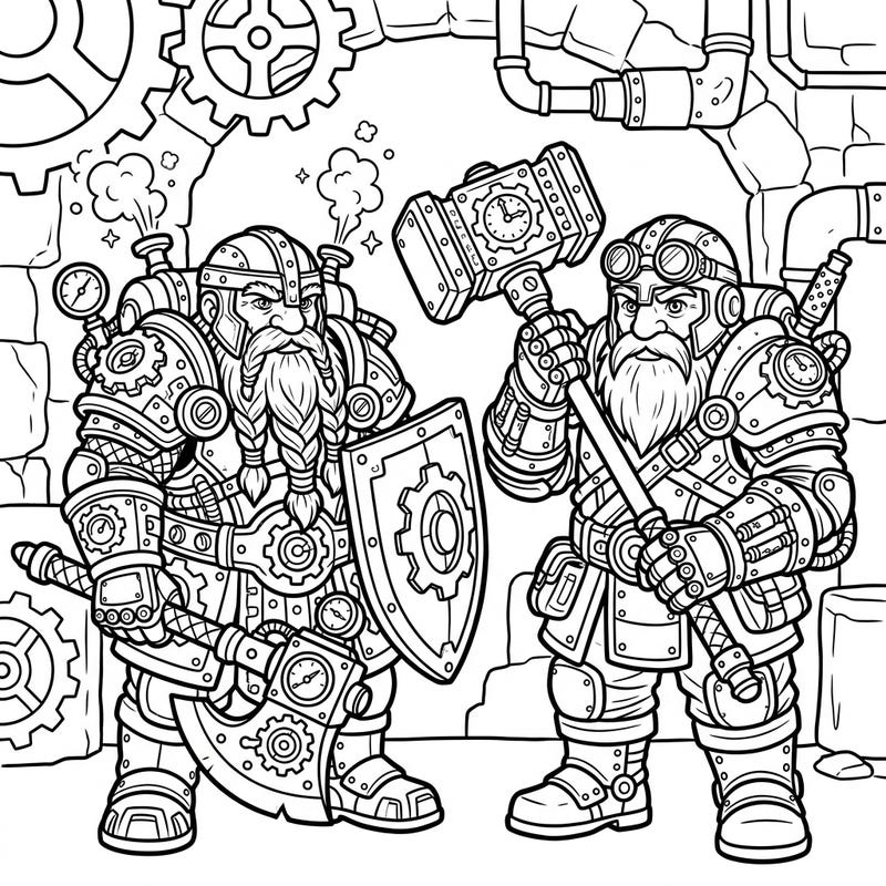 Unleash your creativity with this epic coloring page featuring two powerful Steampunk Dwarf Warriors. Their intricate armor, steam-powered gadgets, and formidable weapons promise a captivating coloring adventure.