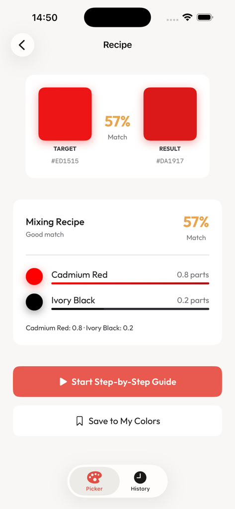 Palette Master - A screen from the Palette Master app showing a paint mixing recipe for a red color with proportions of Cadmium Red and Ivory Black.