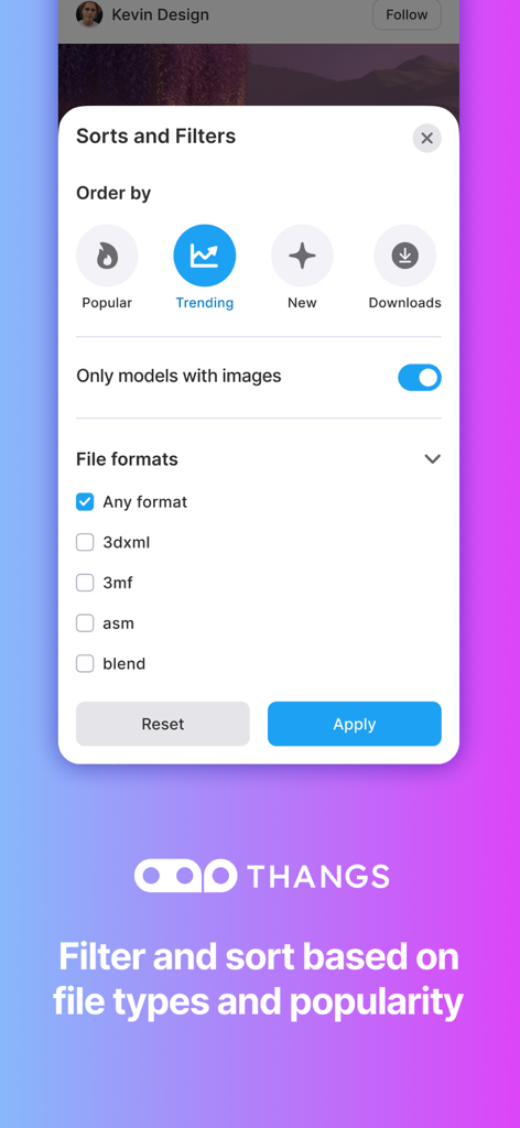 Thangs - Oberfläche der Thangs-App, die Optionen zum Sortieren und Filtern von 3D-Modellen nach Dateiformat, Beliebtheit und Trendstatus zeigt.