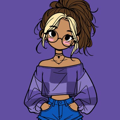 girl with a messy ponytail glasses a baggy crop top and jean shorts