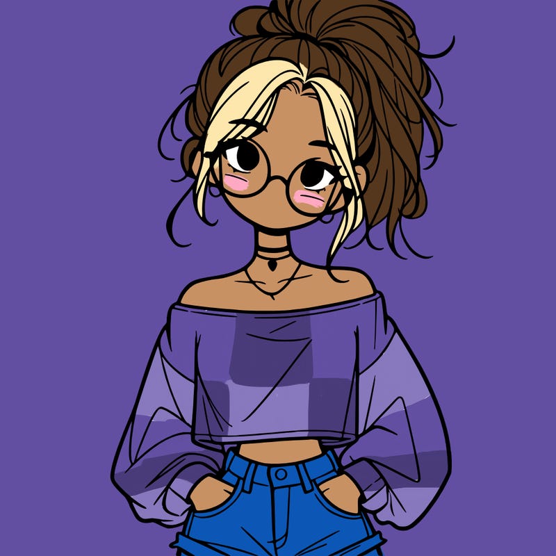 girl with a messy ponytail glasses a baggy crop top and jean shorts
