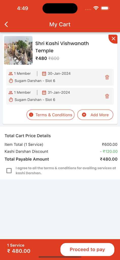 Kashi Darshan - Shopping cart screen of the Kashi Darshan app showing a booking for Shri Kashi Vishwanath Temple with pricing and discount details