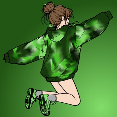 realistic girl jumping with a bun and oversized sweatshirt