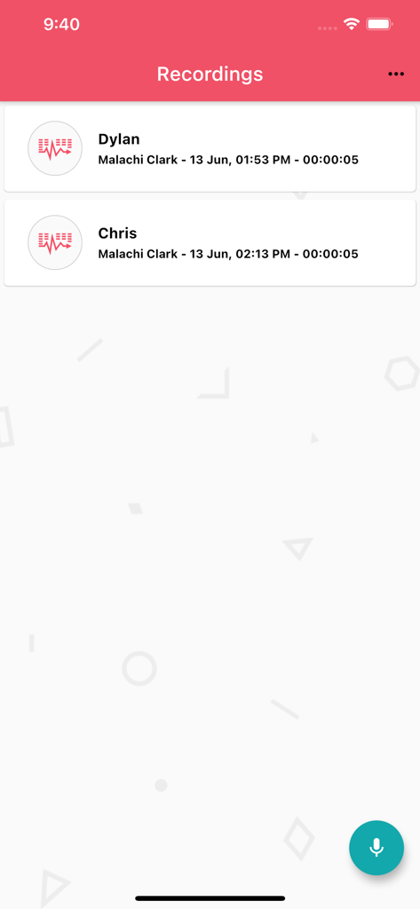 Baby's Heartbeat Backup - A list of saved heartbeat recordings within the Baby's Heartbeat Backup app showing name, date, and duration
