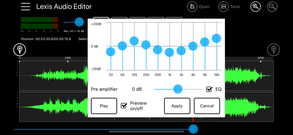 Lexis Audio Editorアプリのインターフェース。オーディオ波形の上に10バンドイコライザーツールが表示されています。