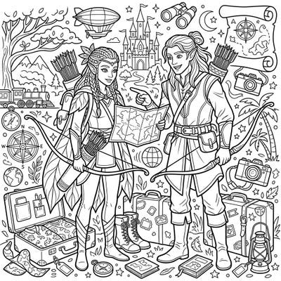 Prepare for a fantastical journey with our Elven Archers Vacation coloring page, brimming with adventure and exploration. This intricate design features skilled archers amidst maps, travel gear, and enchanting fantasy elements.