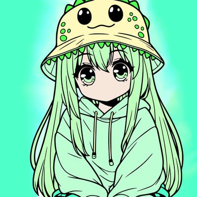 girl with anime shaped eyes with a dinosaur bucket hat oversized sweatshirt long straight hair