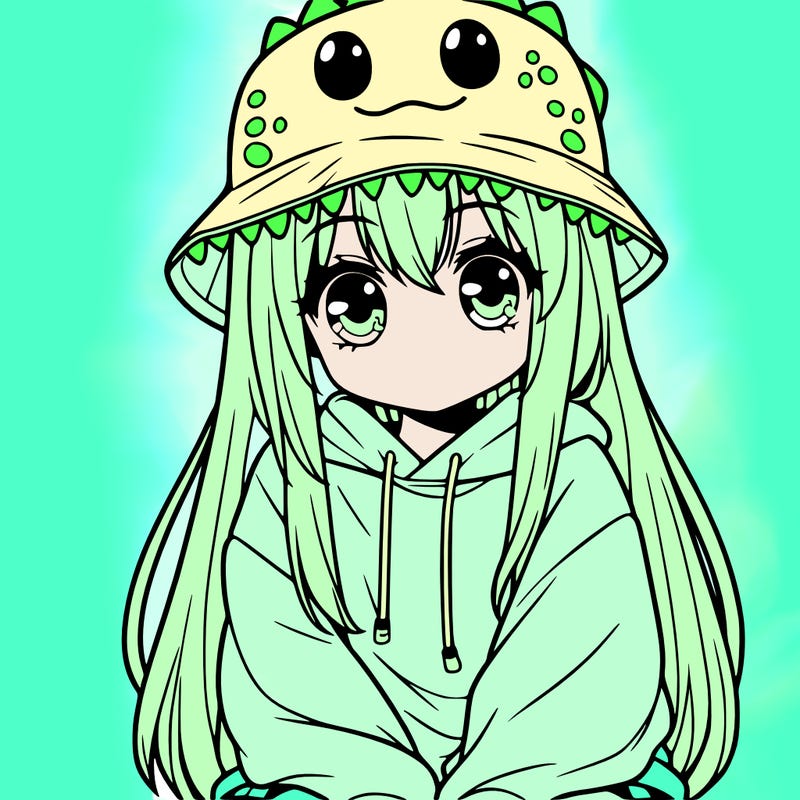 girl with anime shaped eyes with a dinosaur bucket hat oversized sweatshirt long straight hair