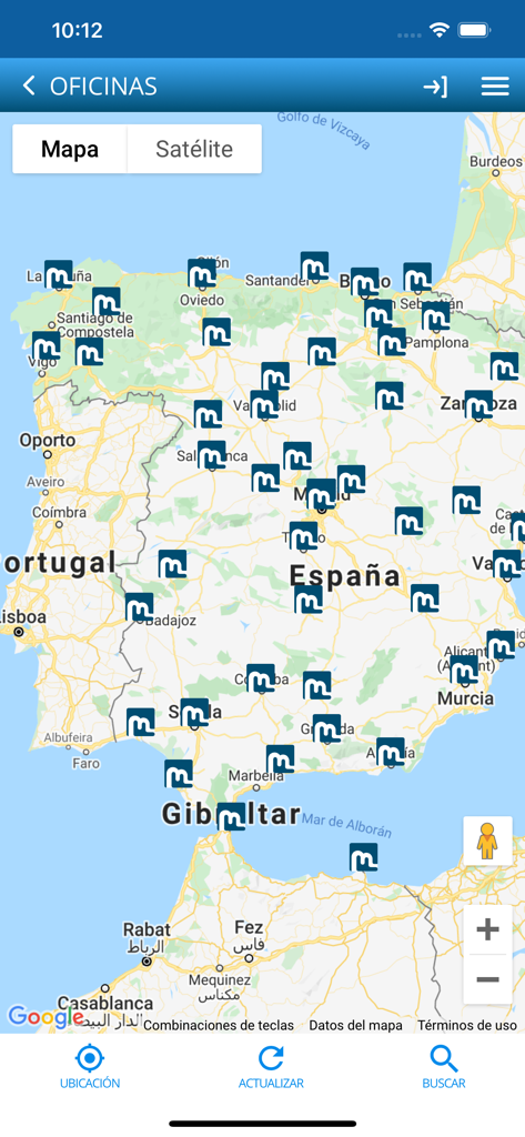 Muface Móvil - A map of Spain within the Muface Móvil app displaying multiple office locations across the country.