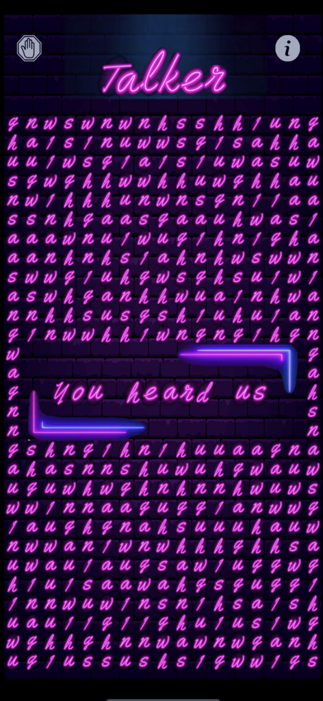 Spirit Entities Talker - Spirit Entities Talker app interface showing a grid of neon pink letters with the highlighted message You heard us