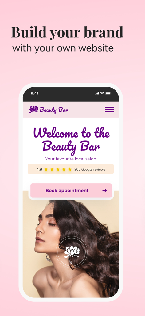 Book in Beautiful Business - A mobile phone showing a professional salon website created with the Book in Beautiful app
