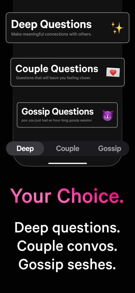 Screenshot of Flamingo Cards app showing Deep Couple and Gossip question packs