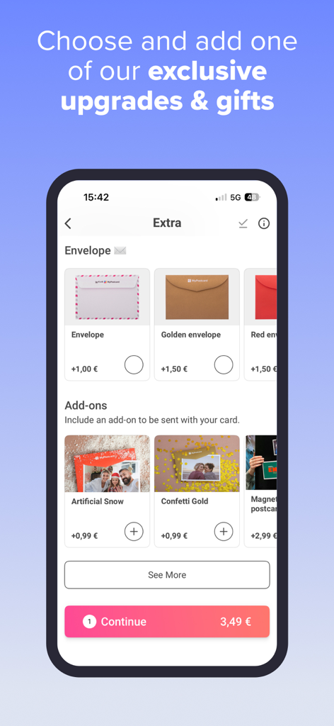Capture d'écran de l'application MyPostcard sur smartphone montrant les options d'enveloppe et de cadeau supplémentaires