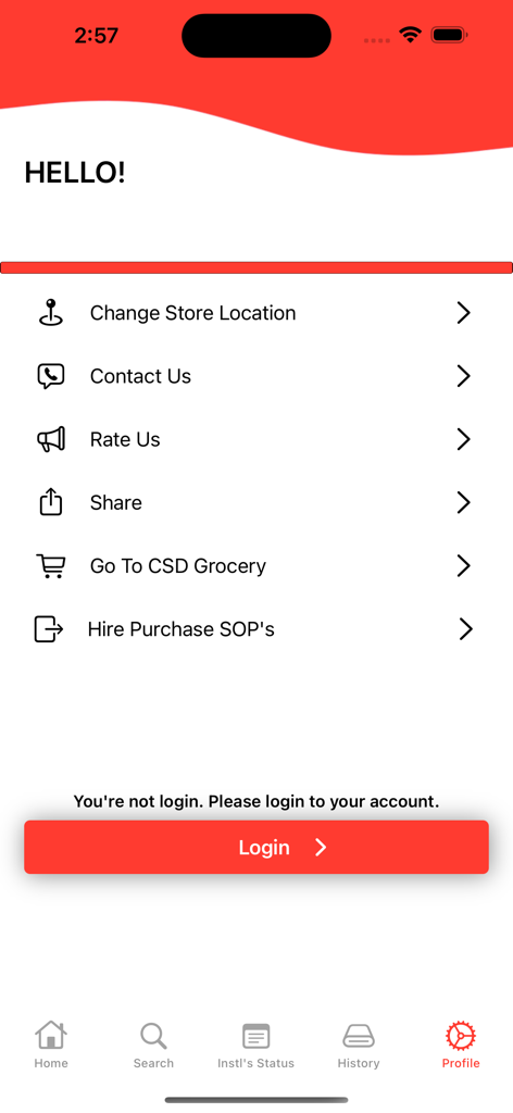 Profile screen of the CSD HirePurchase mobile app displaying a login button and menu options for store location and procedures