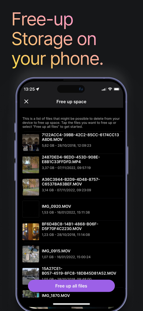 Jottacloud - Jottacloud app interface showing a list of large video files and a button to free up phone storage space.