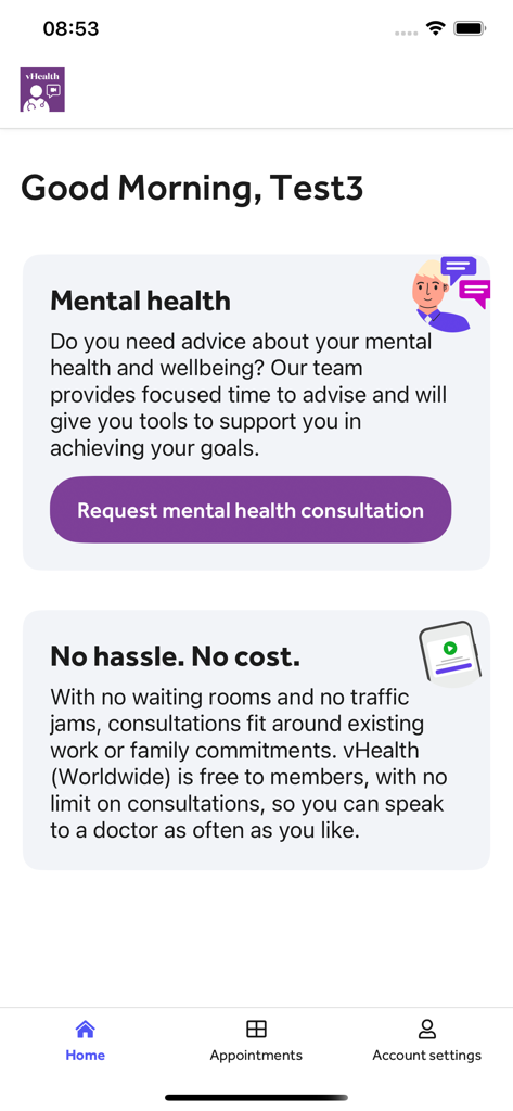 vHealth (Worldwide) - vHealth Worldwide app home screen showing mental health consultation request and membership benefits.