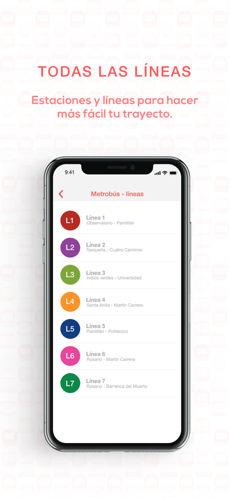 Metro - Metrobús México - A mobile app screen displaying a color-coded list of Metrobús lines from L1 to L7 for navigation in Mexico City.