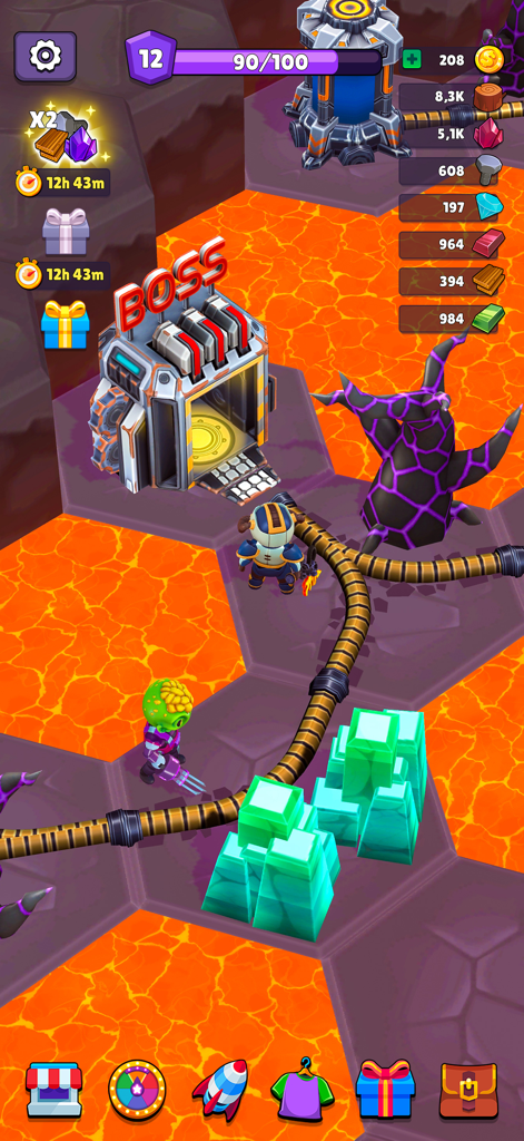 Astronaut exploring a volcanic alien planet with glowing crystals and a boss entrance in Space Bound