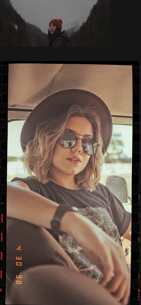 RetroCam: Vintage Film Camera - A woman wearing sunglasses and a hat with a retro 90s film camera effect and date stamp
