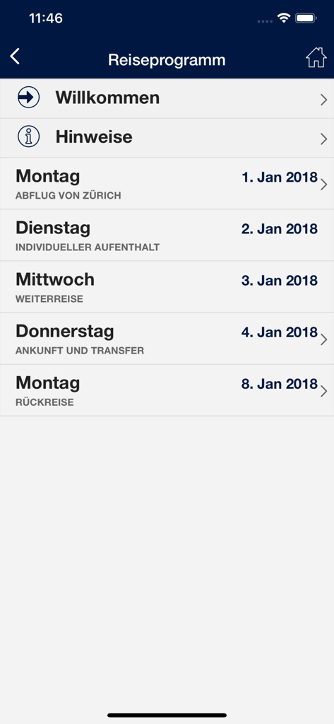 My Kuoniモバイルアプリの画面。フライトと滞在の詳細を含む、時系列の旅行旅程が表示されています。