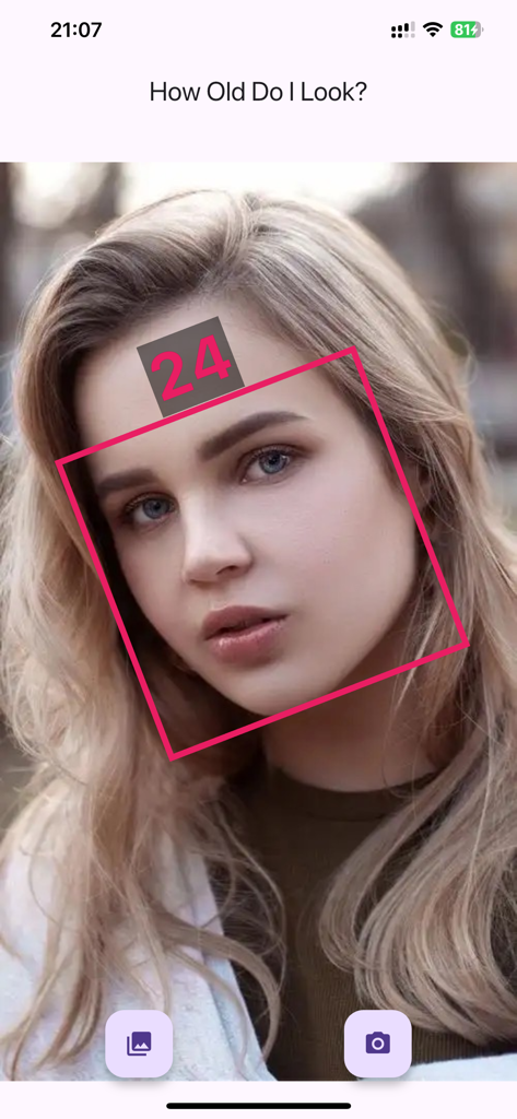 How Old Do I Look? Age Camera - How Old Do I Look app interface showing a facial scan result estimating a womans age as 24