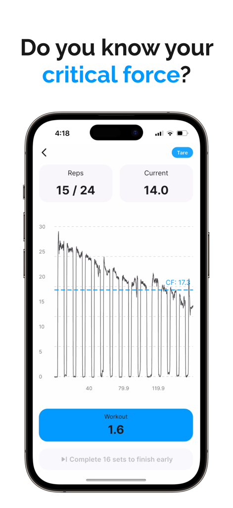 Ein Smartphone-Screenshot der Frez-App, der ein Live-Kraftverfolgungsdiagramm für isometrisches Training mit kritischen Kraftdaten zeigt.